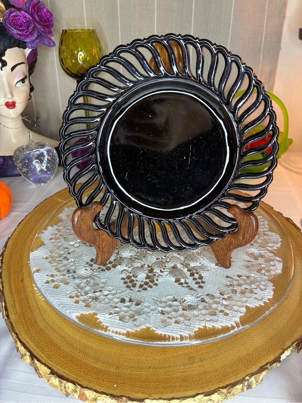 Antique Atterbury & Co. black amethyst glass reticulated plate